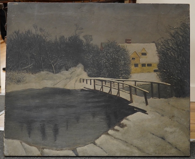 Harold Avery, oil on canvas, Winter landscape with bridge over a stream, signed, 54 x 65cm, unframed. Condition - fair